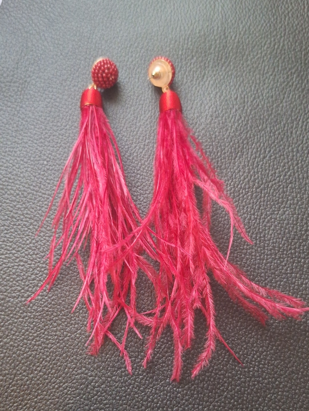 Feather Tassel Drop Earrings - Red